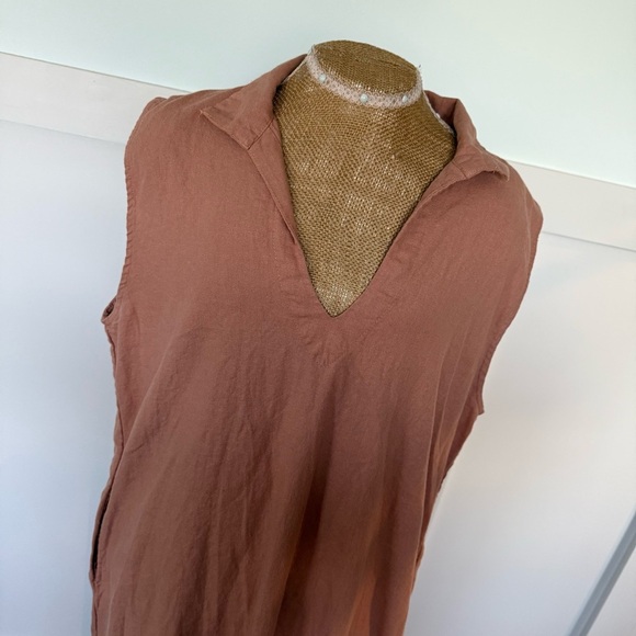 Aura The Label Linen Blend Midi Dress Women’s Large Pink Peach V-neck Collared - Picture 2 of 7